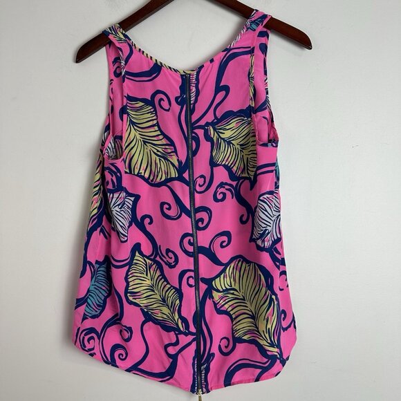 Lilly Pulitzer Women's Tank Top Size L 100% Silk Pink Zip Back Leaf Print‎ - Picture 3 of 8